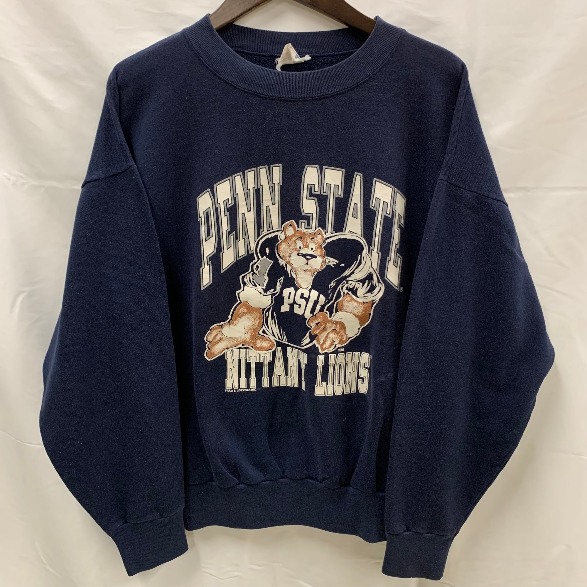 【中古】【古着】TNT プリント トレーナー ネイビー XLサイズ