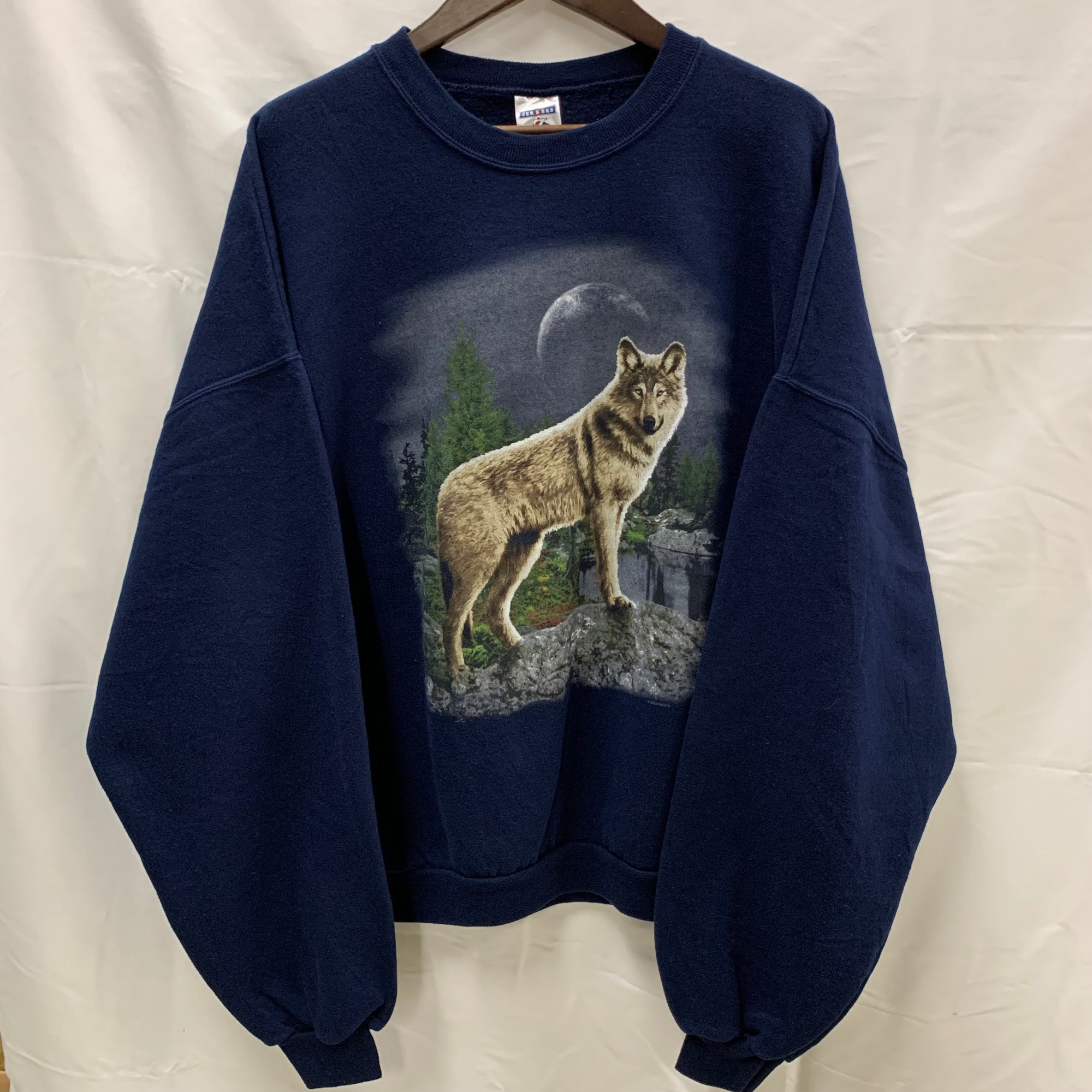 【中古】【古着】JERZEES プリント トレーナー ネイビー 2Xサイズ
