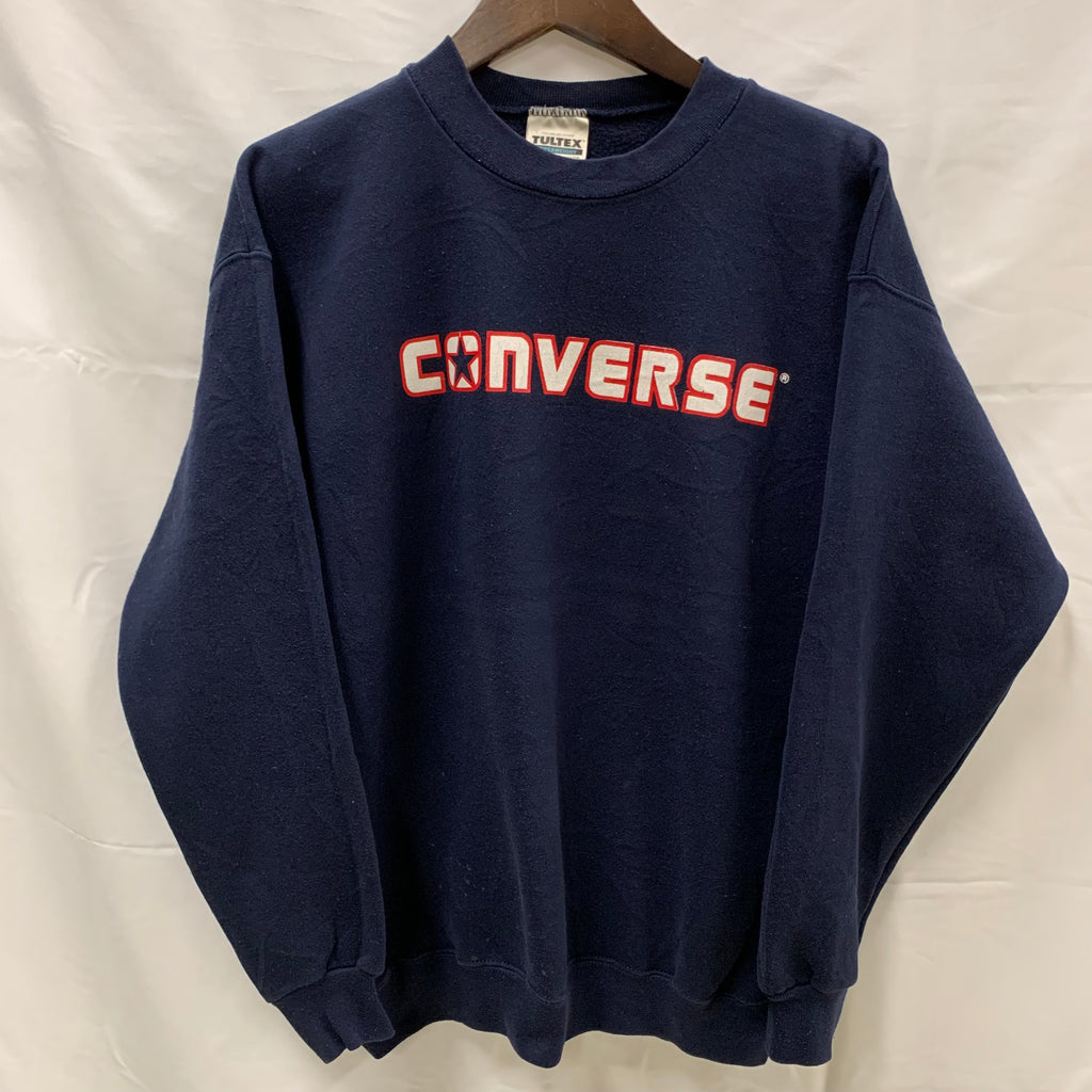 【中古】【古着】tultex プリント トレーナー ネイビー Mサイズ