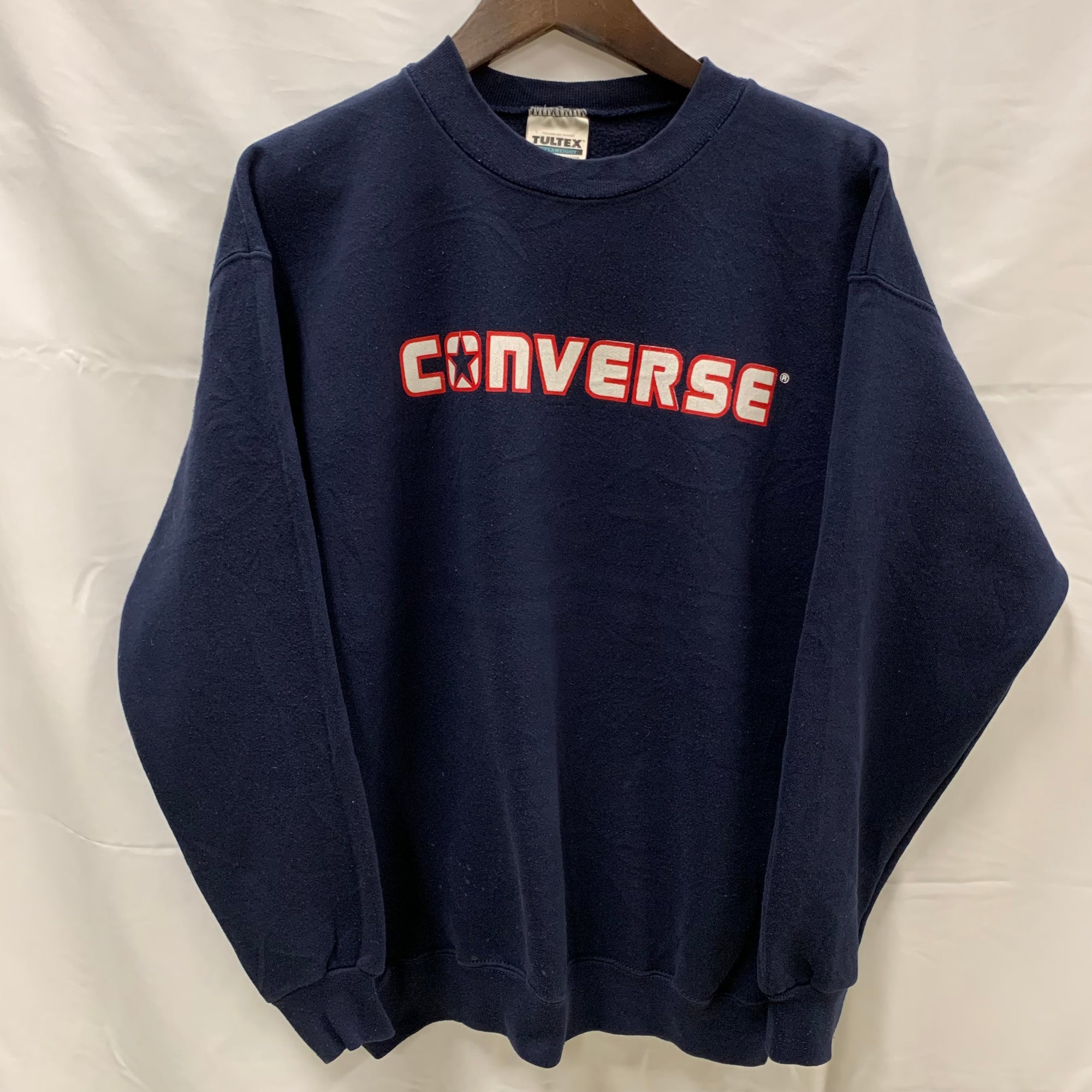 【中古】【古着】tultex プリント トレーナー ネイビー Mサイズ