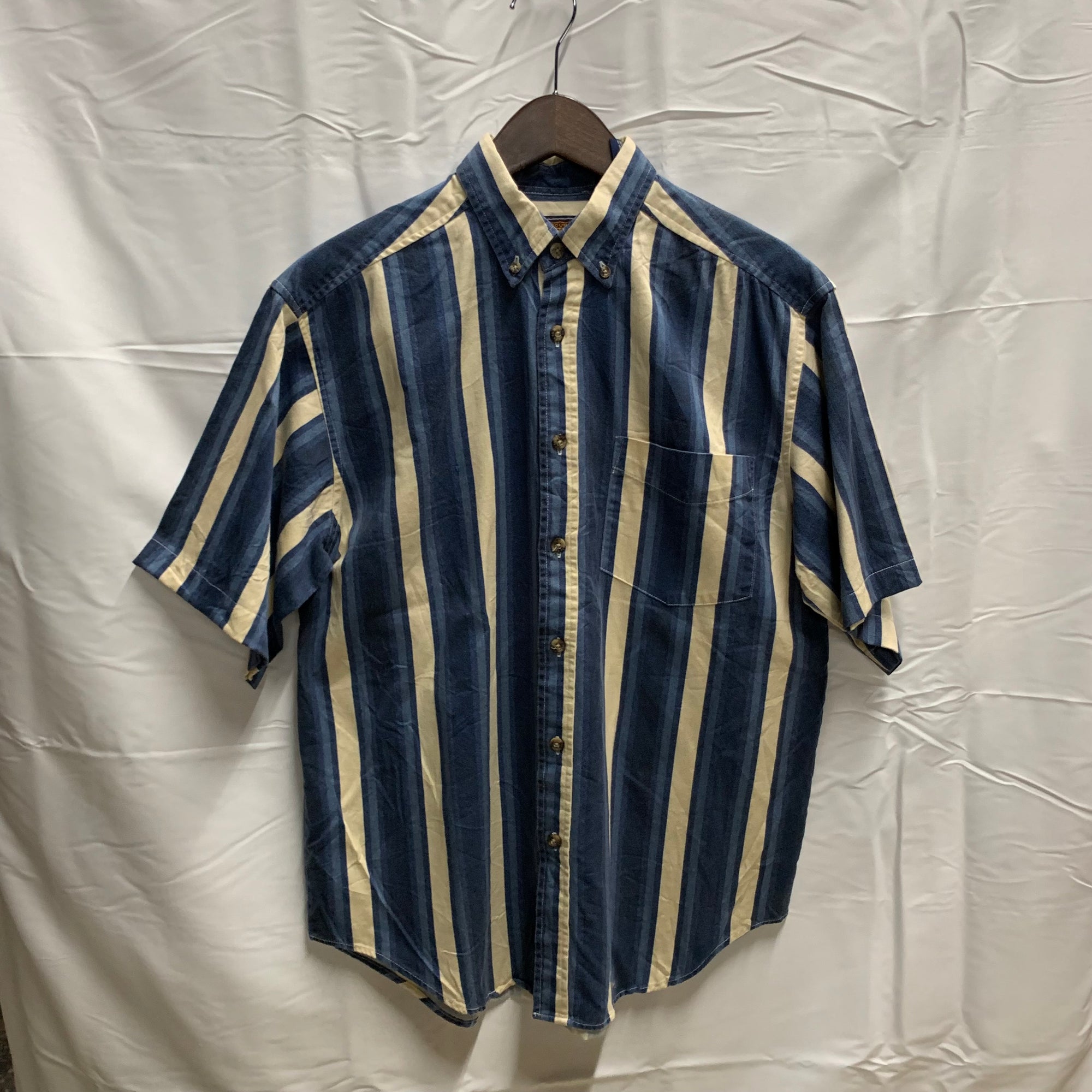 【中古】【古着】ROUTE 66 ストライプ S/S シャツ ブルー Mサイズ