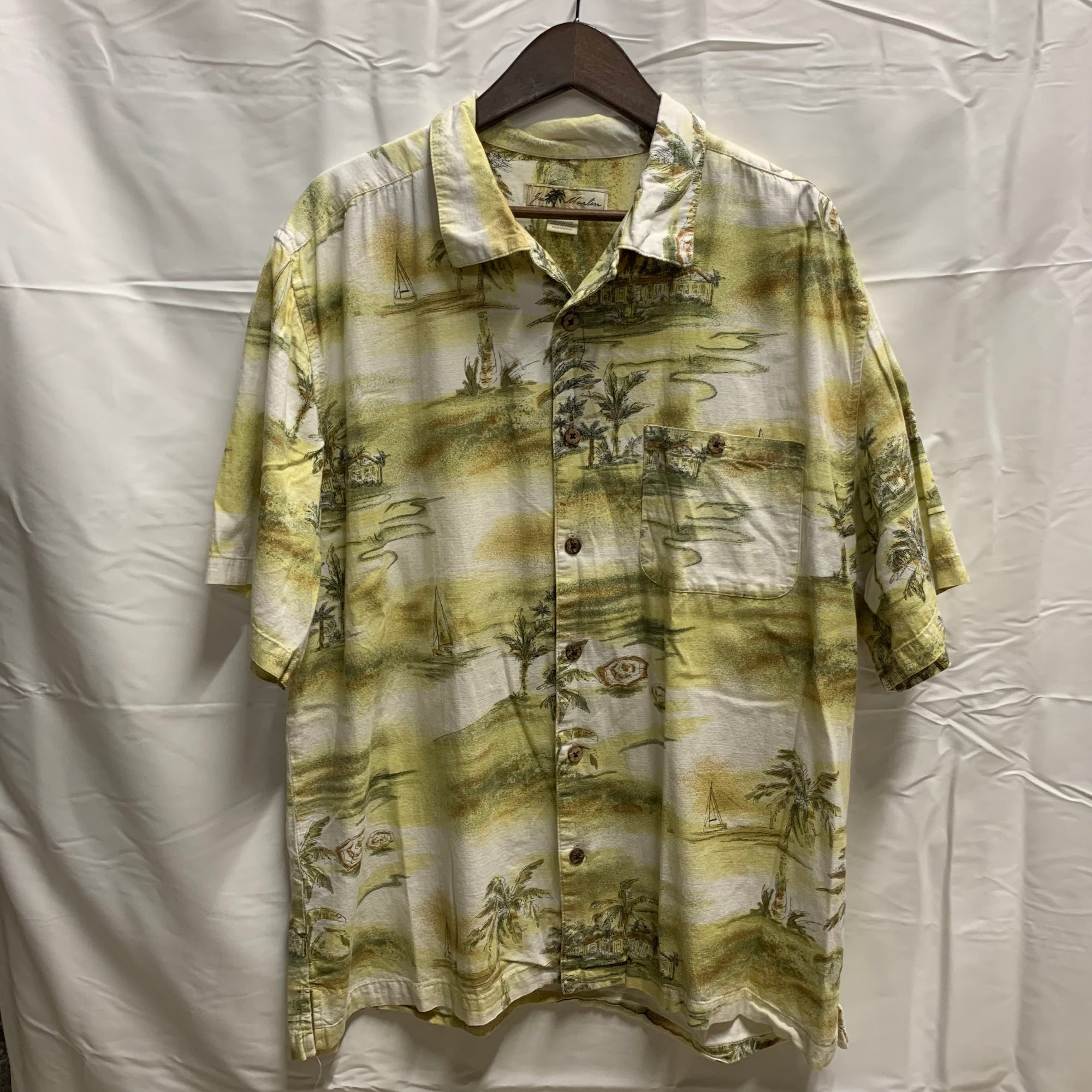 【中古】【古着】JOE MARLIN 柄 S/S アロハシャツ イエロー Lサイズ