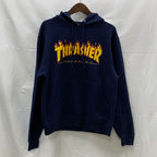 【古着】THRASHER プリント パーカー ネイビー Sサイズ