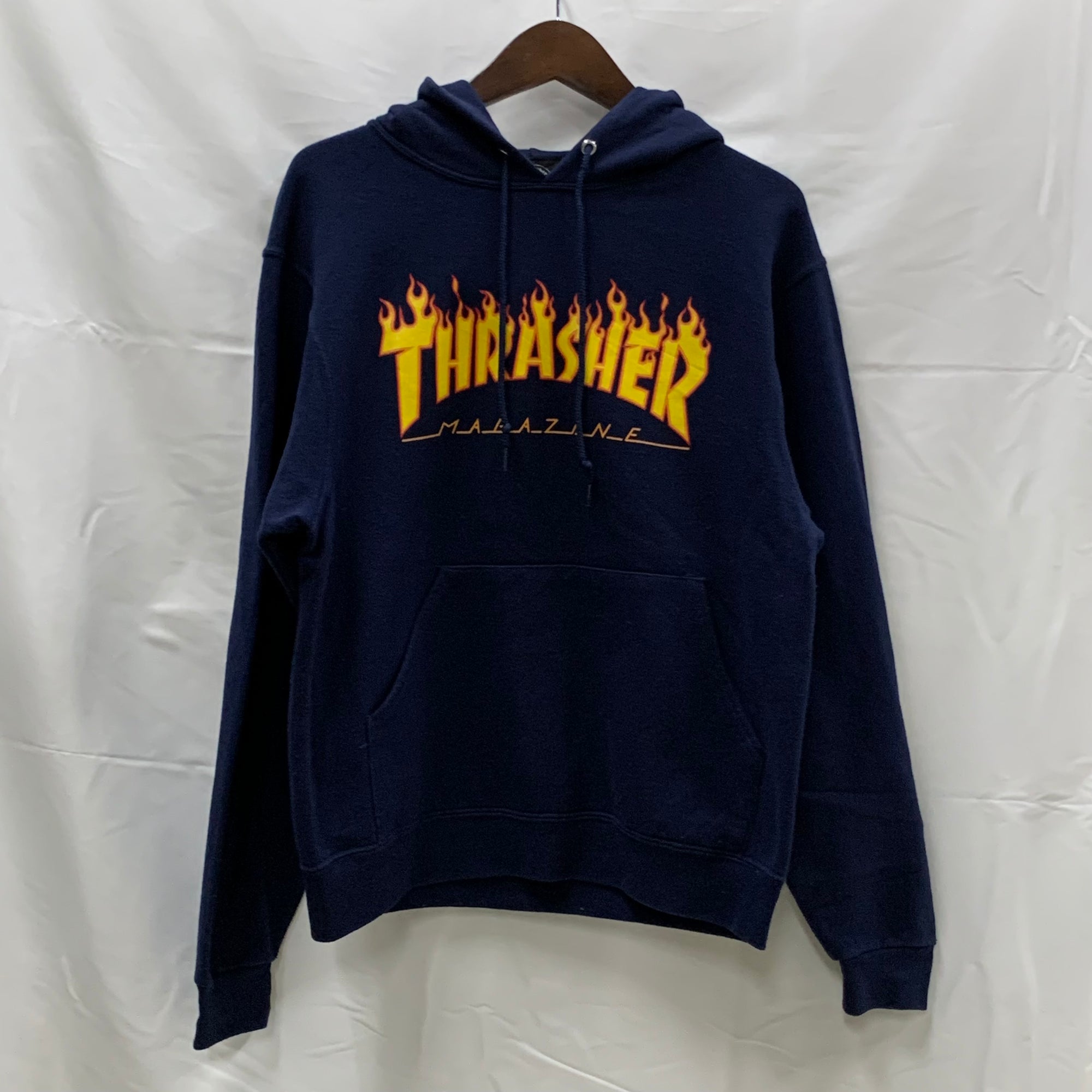 【古着】THRASHER プリント パーカー ネイビー Sサイズ