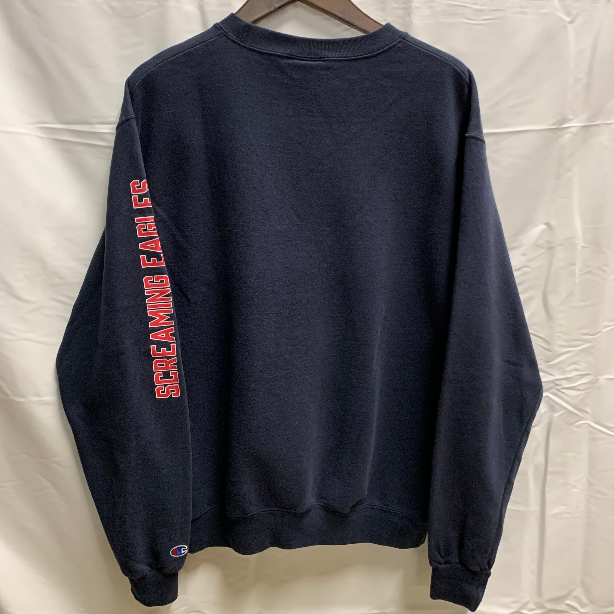 【中古】【古着】Champion ロゴ スウェットトレーナー ネイビー Mサイズ