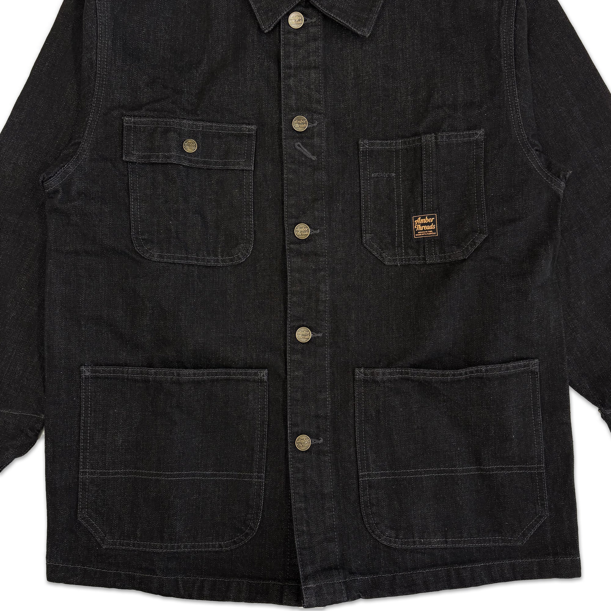 Amber Threads ブラックデニム カバーオールジャケット ボタン ポケット ディテール