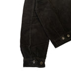 アパレルブランドAmber Threads(アンバースレッズ)のコーデュロイ ハリントンジャケット、3シーズン着まわせる万能アウター。左側背面ボタンと左袖の袖口ボタン部分。