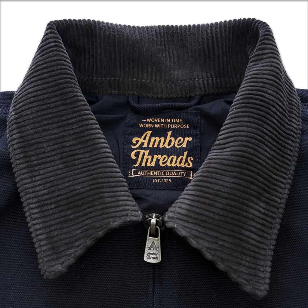 アパレルブランドAmber Threads(アンバースレッズ)のジャケット 襟コーデュロイ コットンキャンバス、3シーズン着まわせる万能アウター。襟元。