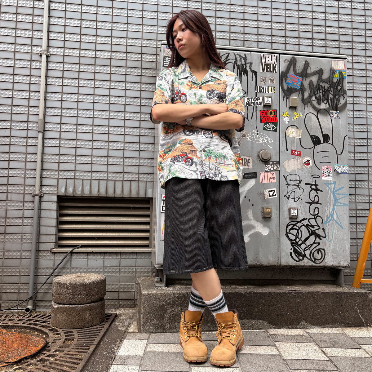 ワイドデニムハーフパンツ / Stripe Wide Denim Half Pant【Amber Street】