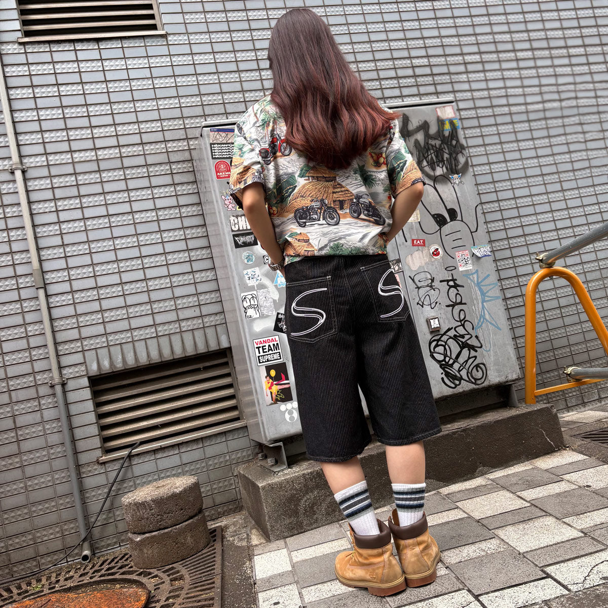ワイドデニムハーフパンツ / Stripe Wide Denim Half Pant【Amber Street】