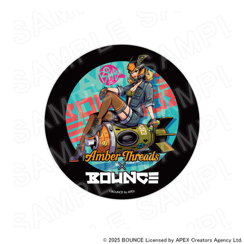 アパレルブランドAmber Threads(アンバースレッズ)と台湾の人気クリエイターBOUNCE(バウンス)のコラボ商品、BIG缶バッジ(バウンスボムレディver.)。