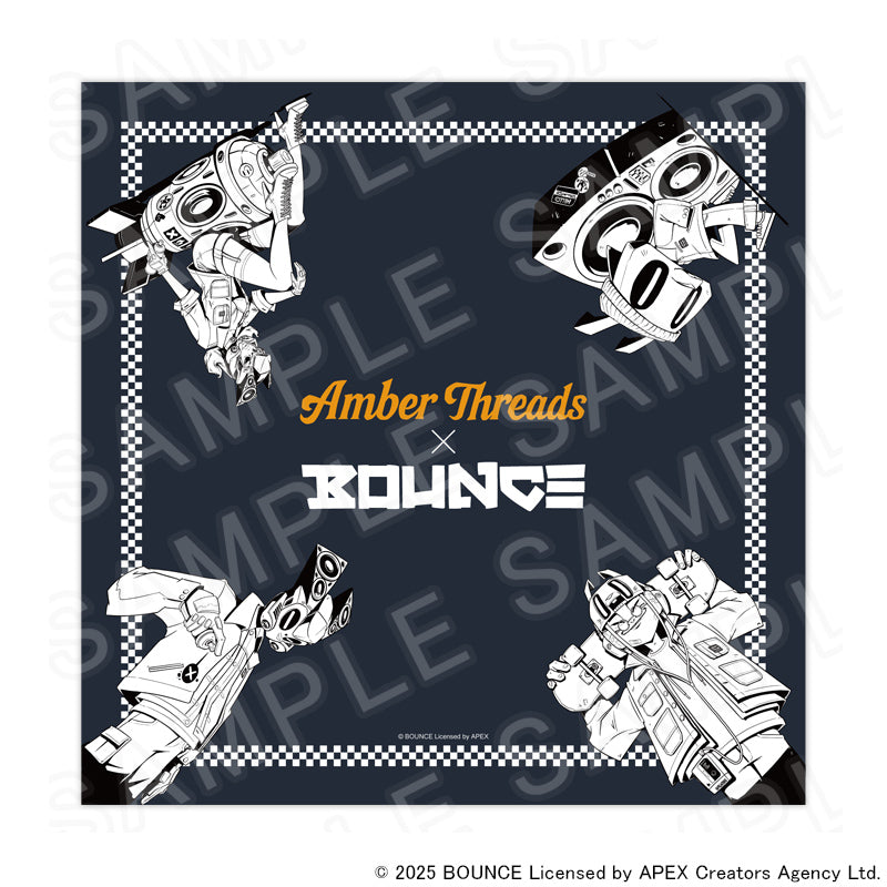 アパレルブランドAmber Threads(アンバースレッズ)と台湾の人気クリエイターBOUNCE(バウンス)のコラボ商品、バンダナ(バウンスマン・バウンスボーイ・バウンスボムレディ・バウンスラビットver.)ネイビー。